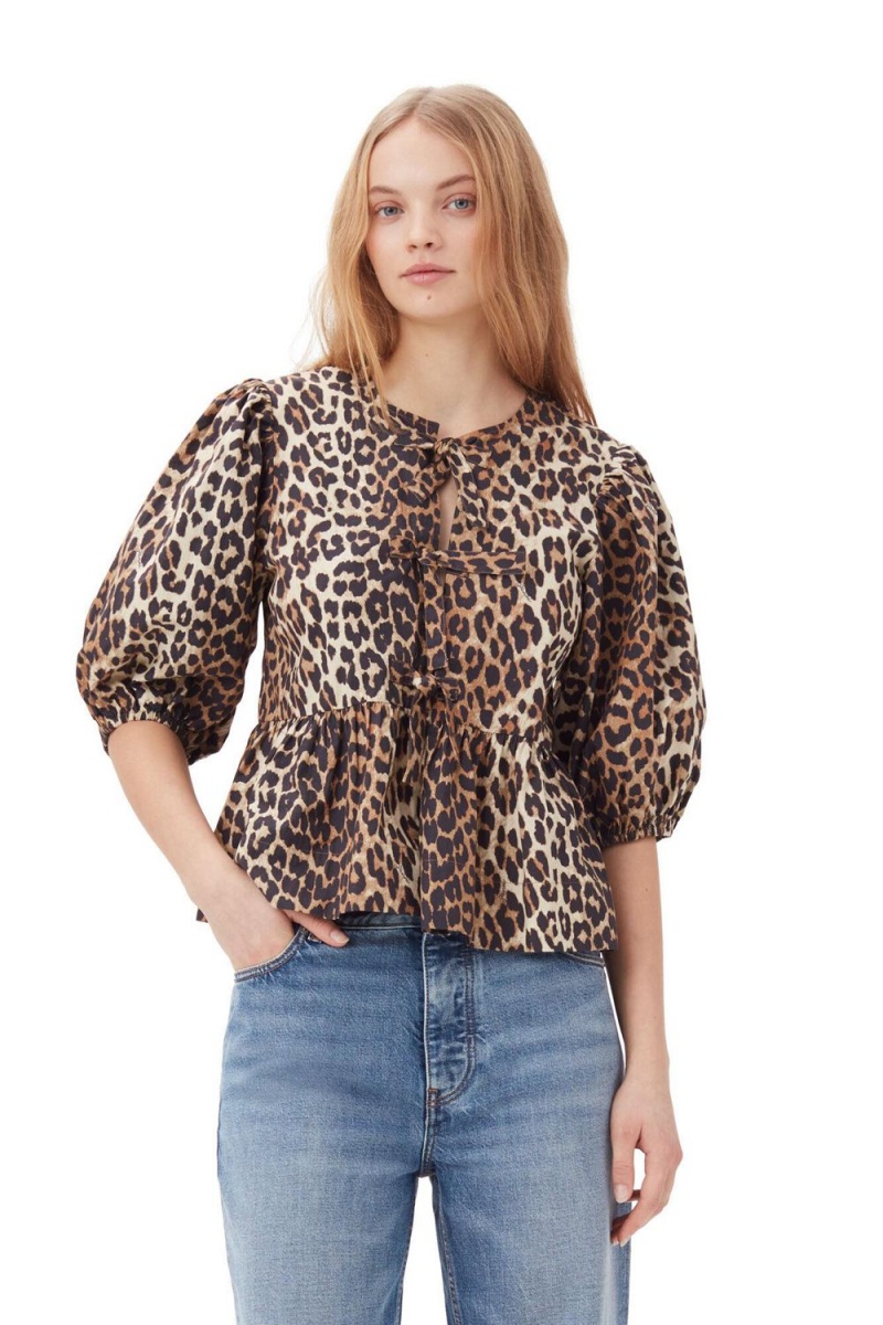 Leopard Women\'s Ganni Cotton Poplin Peplum Tie Blouse | 01KDZXSNM