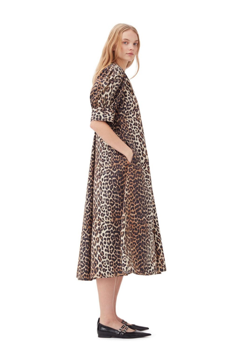 Leopard Women's Ganni Cotton Poplin V-neck Maxi Dress | 24BWAQCNL