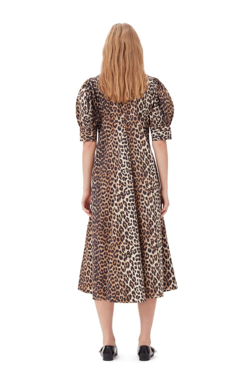 Leopard Women's Ganni Cotton Poplin V-neck Maxi Dress | 24BWAQCNL