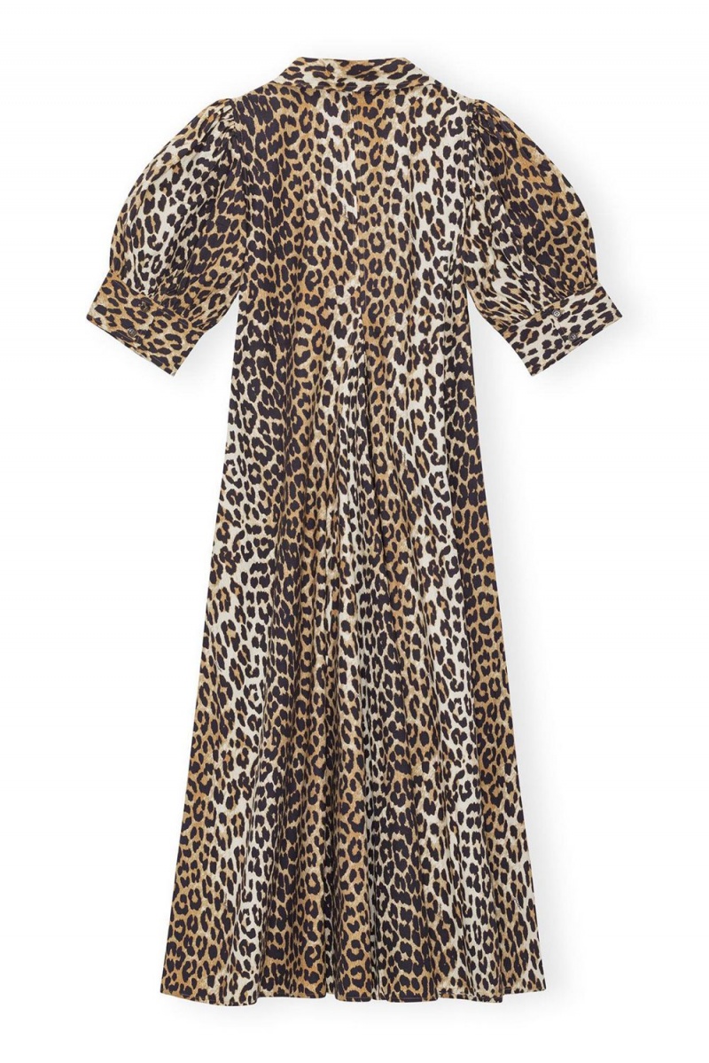 Leopard Women's Ganni Cotton Poplin V-neck Maxi Dress | 24BWAQCNL