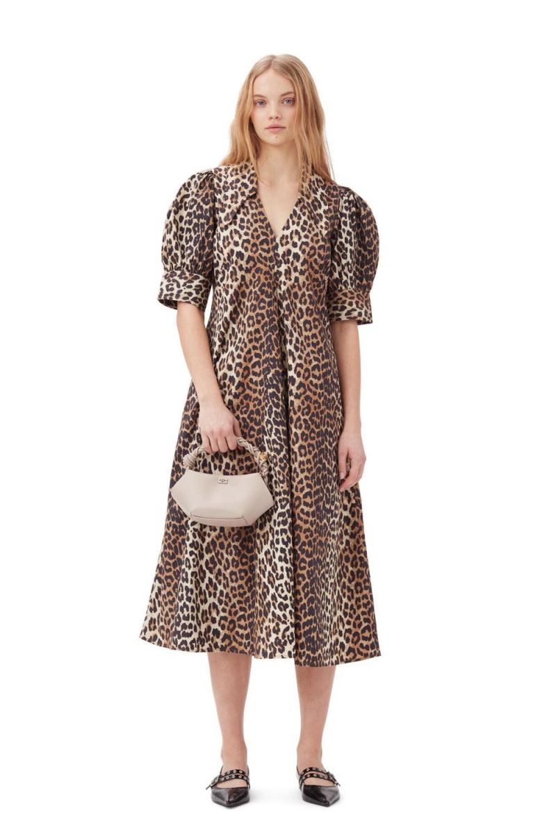 Leopard Women\'s Ganni Cotton Poplin V-neck Maxi Dress | 24BWAQCNL