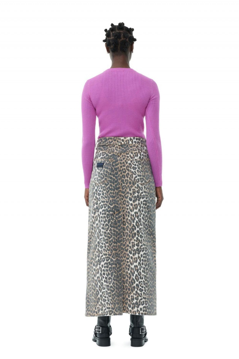 Leopard Women's Ganni Denim Maxi Slit Skirt | 26ZKDILNW