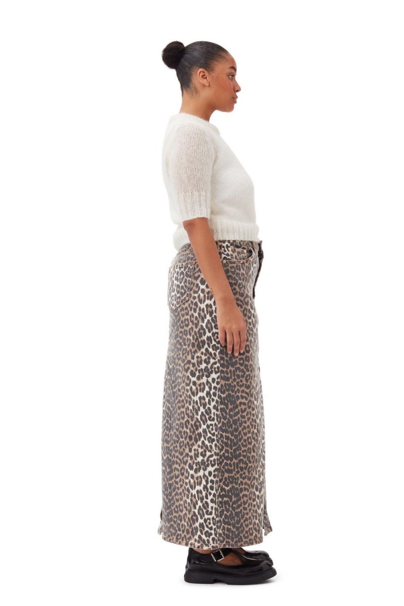 Leopard Women's Ganni Denim Maxi Slit Skirt | 26ZKDILNW