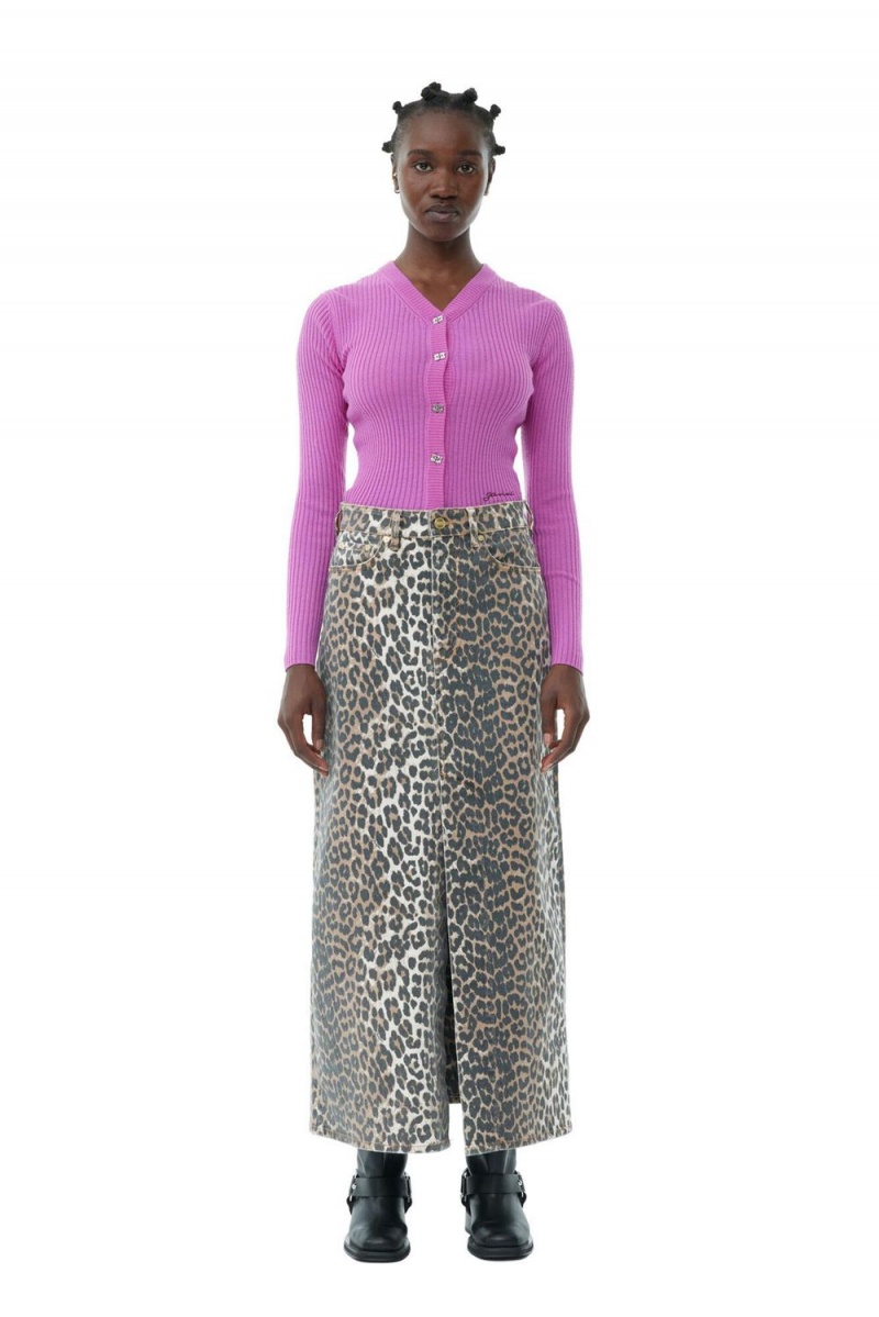 Leopard Women\'s Ganni Denim Maxi Slit Skirt | 26ZKDILNW