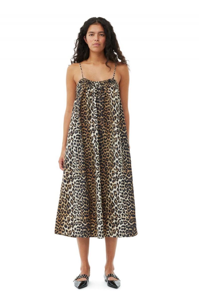 Leopard Women\'s Ganni Midi Strap Dress | 20SYRCJWP