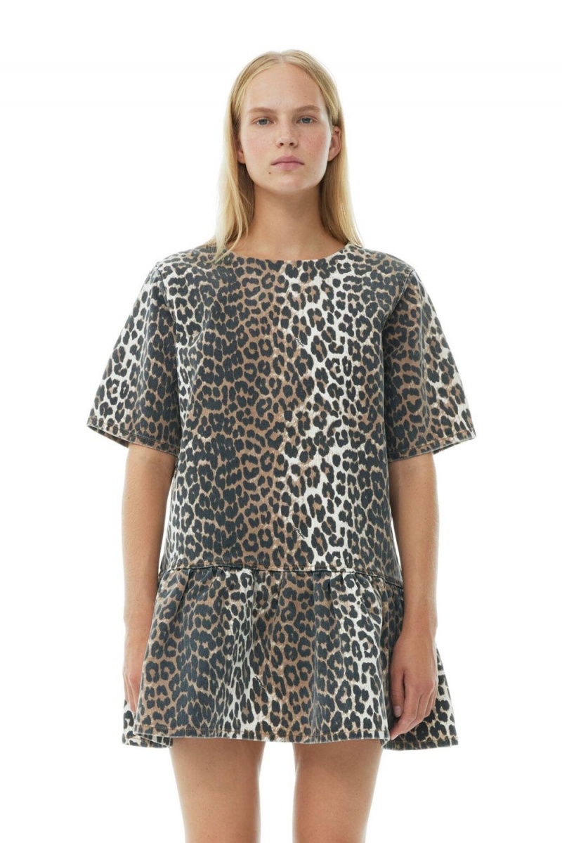 Leopard Women's Ganni Open-back Mini Denim Dress | 03KUPGCVR