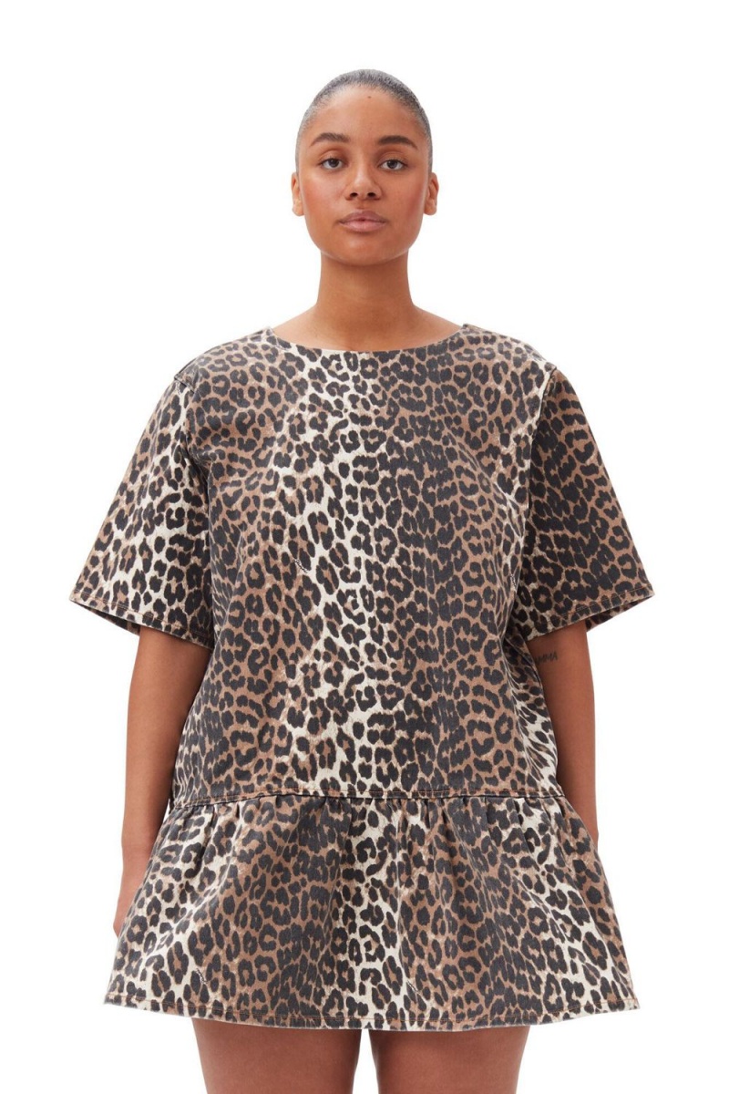 Leopard Women's Ganni Open-back Mini Denim Dress | 03KUPGCVR