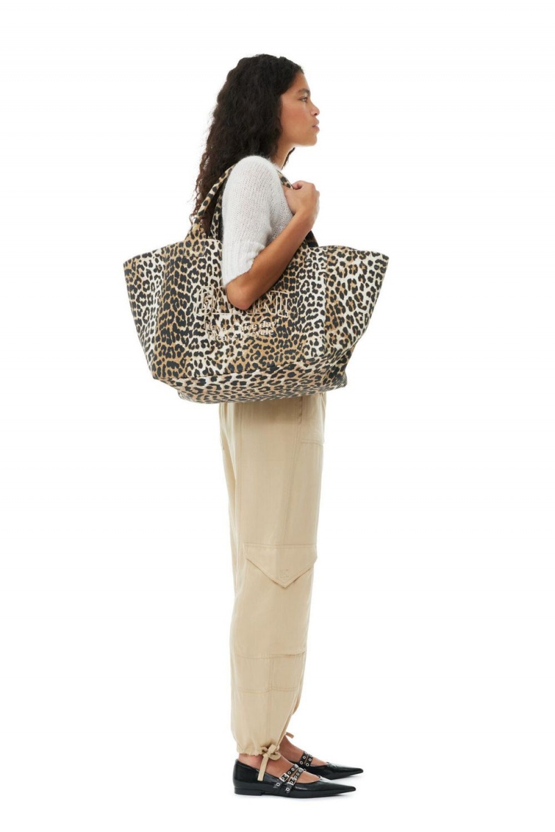 Leopard Women's Ganni Oversized Canvas Tote Bag | 45PGENZQI