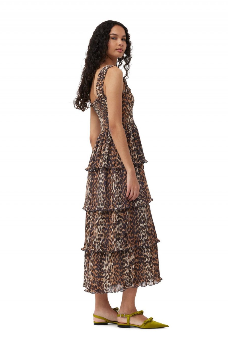 Leopard Women's Ganni Pleated Georgette Flounce Smock Midi Dress | 92YAIJFRZ