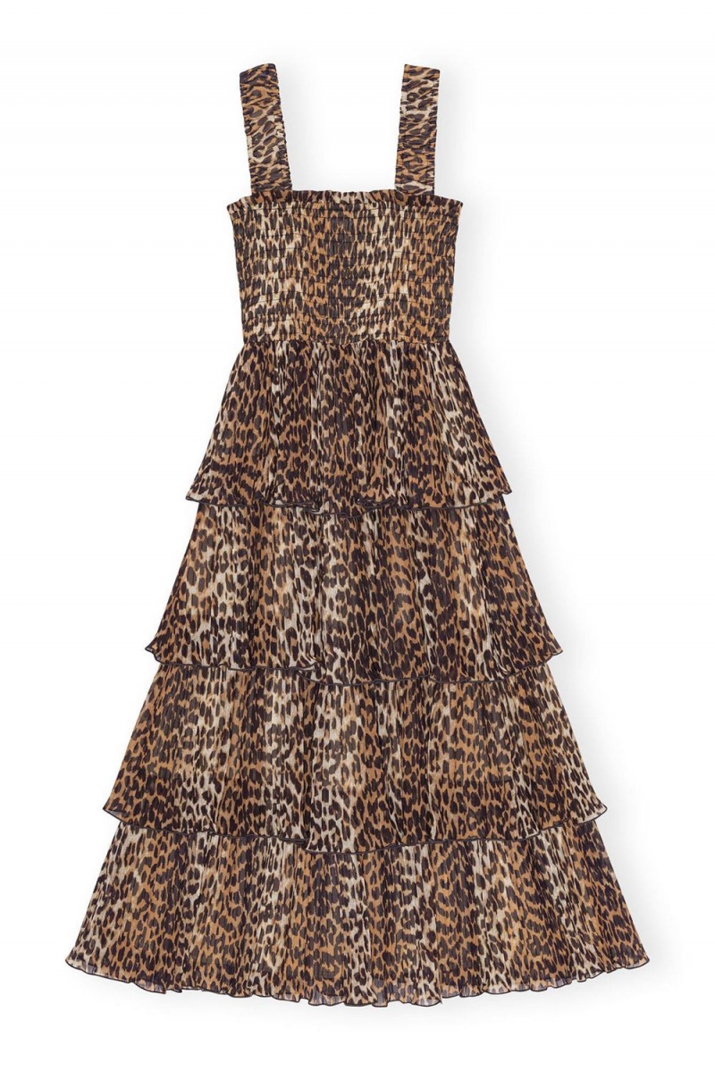 Leopard Women's Ganni Pleated Georgette Flounce Smock Midi Dress | 92YAIJFRZ