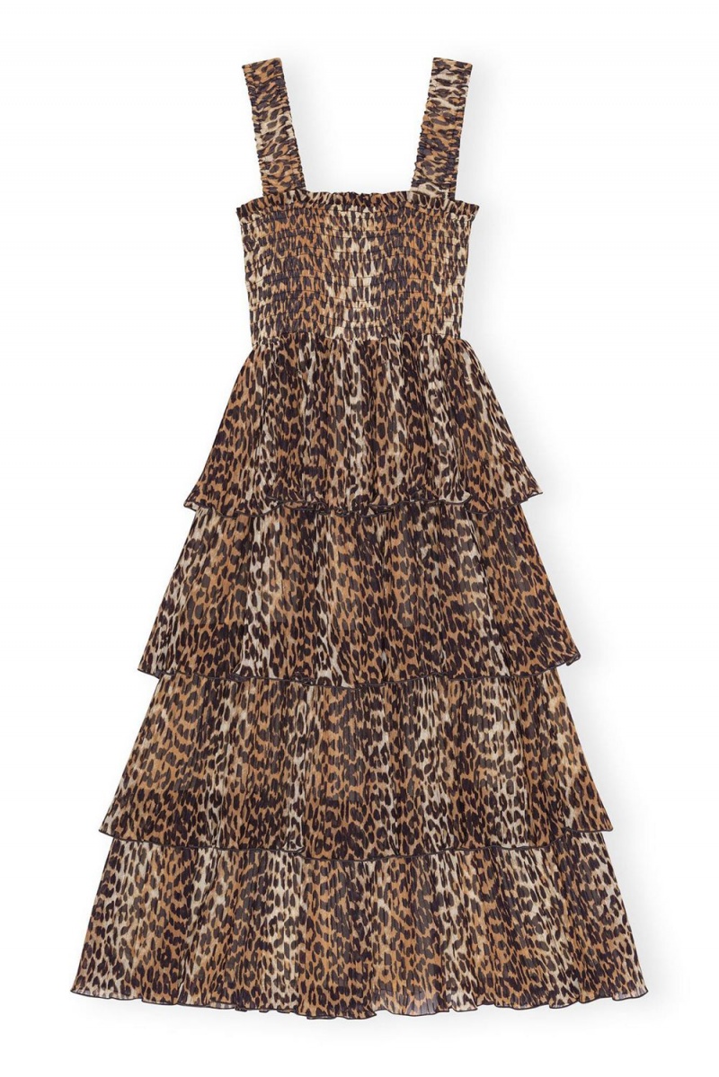 Leopard Women's Ganni Pleated Georgette Flounce Smock Midi Dress | 92YAIJFRZ