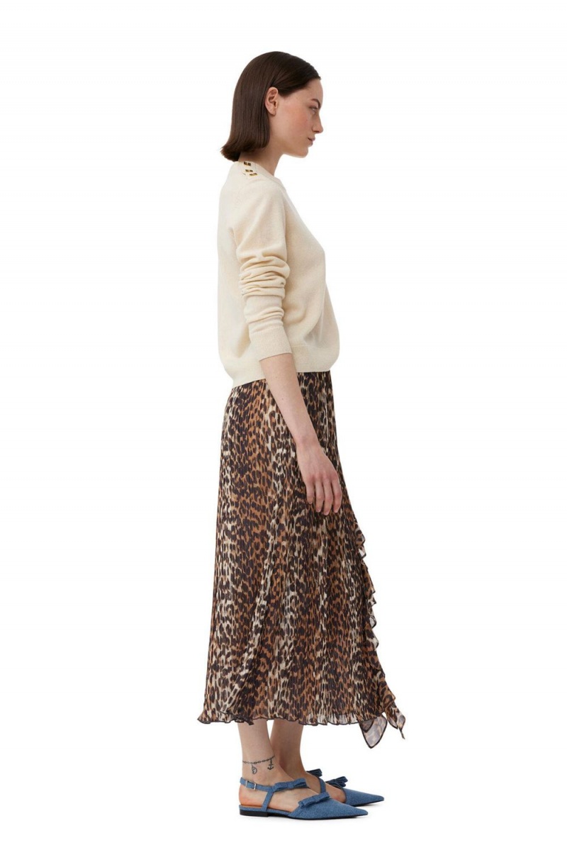 Leopard Women's Ganni Pleated Georgette Midi Flounce Skirt | 89KNJTZFE