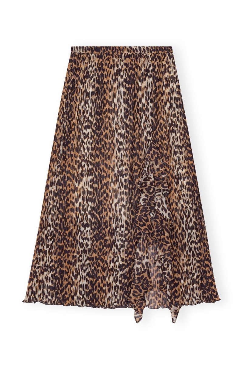 Leopard Women's Ganni Pleated Georgette Midi Flounce Skirt | 89KNJTZFE