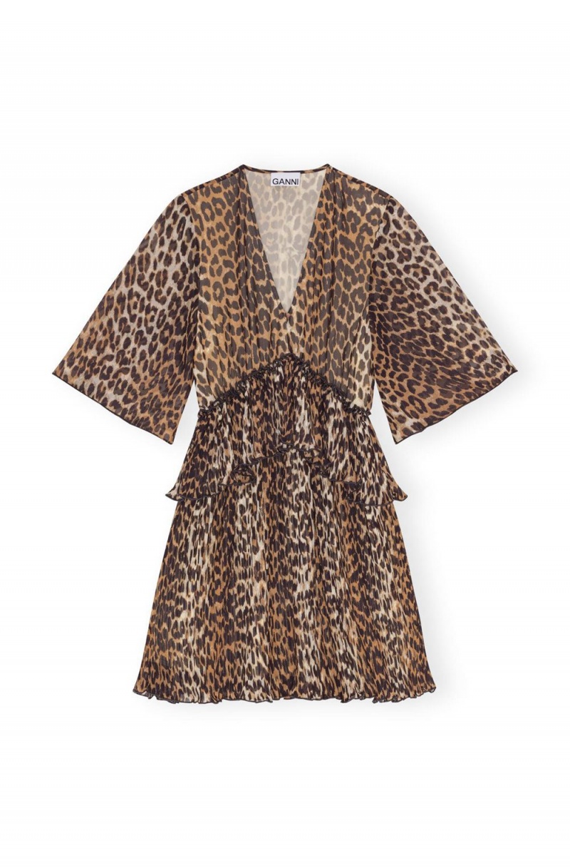 Leopard Women's Ganni Pleated Georgette V-neck Flounce Mini Dress | 60ZECXPOG