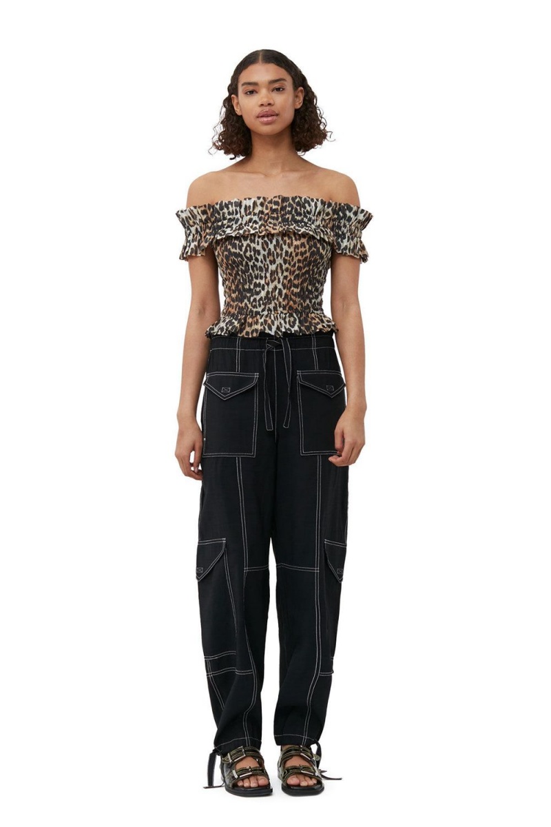 Leopard Women's Ganni Sheer Voile Cropped Off-Shoulder Smock Top | 30HNGZOKT