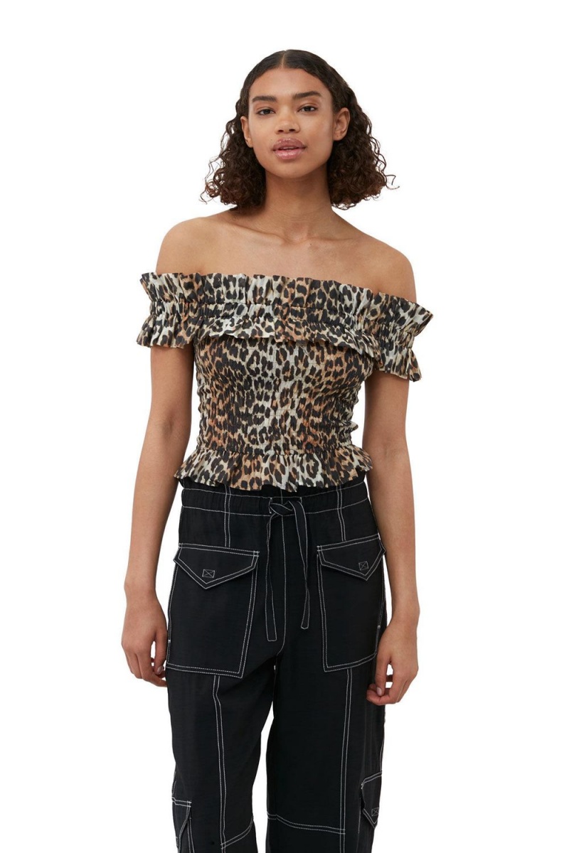 Leopard Women\'s Ganni Sheer Voile Cropped Off-Shoulder Smock Top | 30HNGZOKT