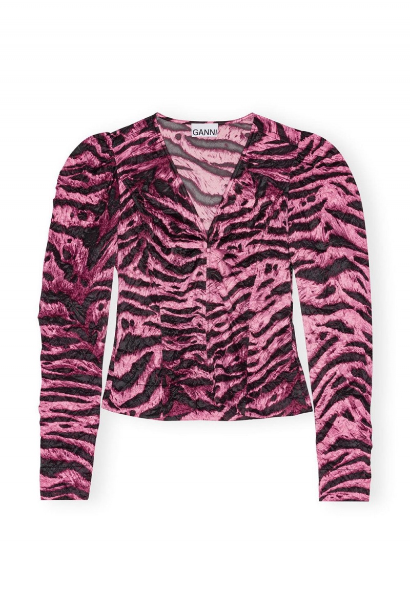 Pink Women's Ganni Animal Printed Crinkled Satin V-neck Blouse | 68XIQCGOD