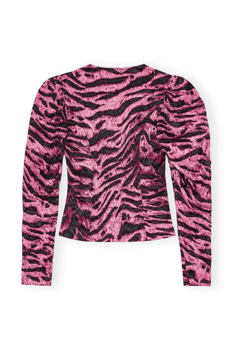 Pink Women's Ganni Animal Printed Crinkled Satin V-neck Blouse | 68XIQCGOD