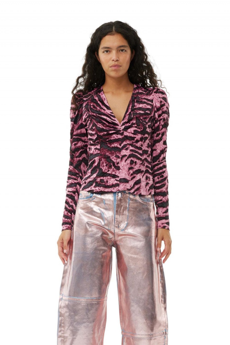 Pink Women\'s Ganni Animal Printed Crinkled Satin V-neck Blouse | 68XIQCGOD