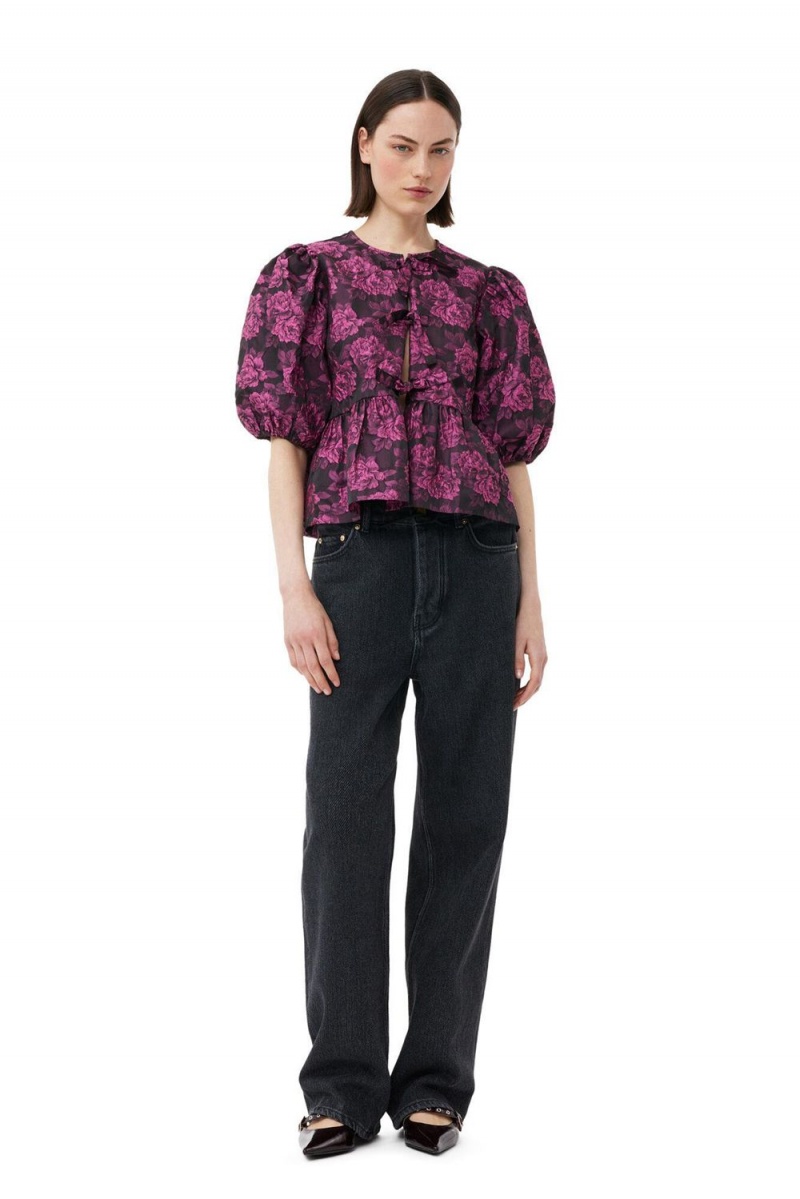 Pink Women's Ganni Botanical Jacquard Peplum Blouse | 71IEGQKWU