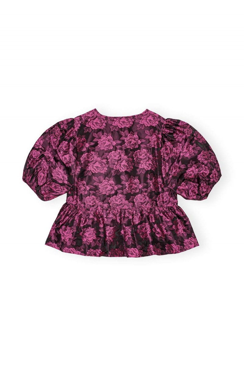 Pink Women's Ganni Botanical Jacquard Peplum Blouse | 71IEGQKWU