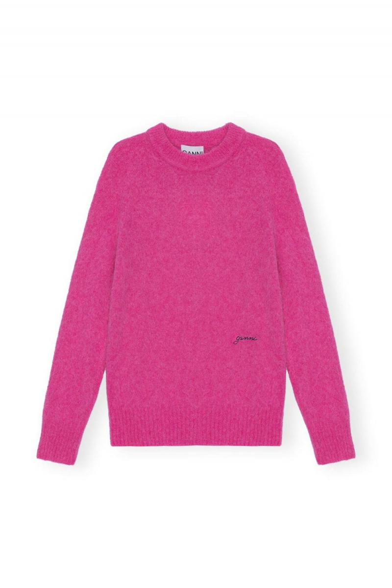 Pink Women's Ganni Brushed Alpaca O-Neck Sweater | 14QREAJPX