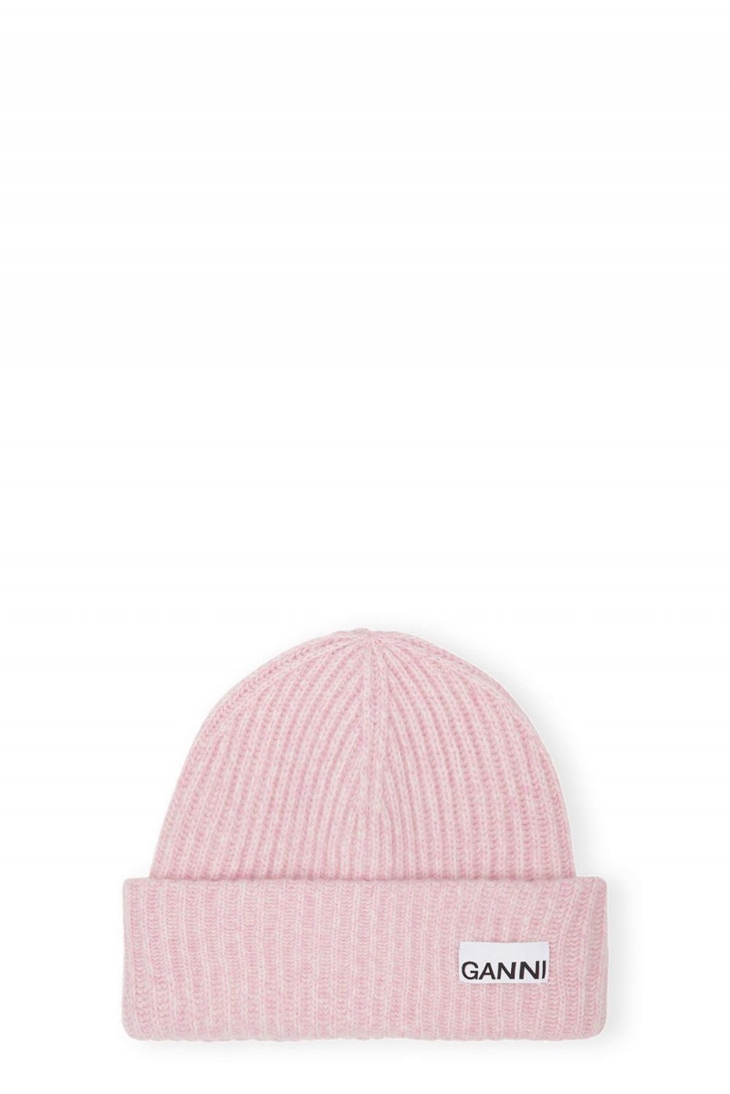 Pink Women\'s Ganni Fitted Rib Knit Wool Beanie | 31WYDHTCS