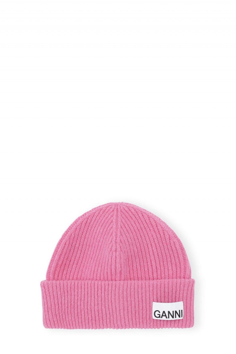 Pink Women\'s Ganni Fitted Wool Rib Knit Beanie | 12TSDGWHN