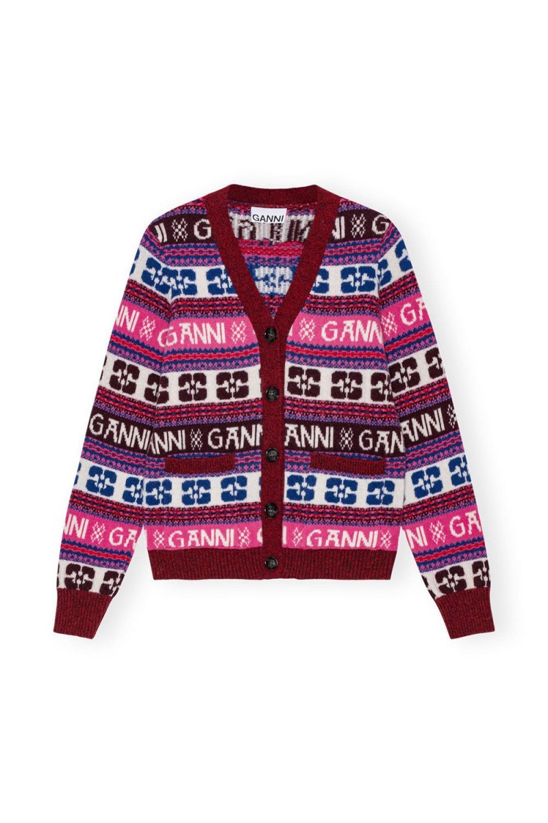 Pink Women's Ganni Logo Wool Mix Cardigan | 46XEHOZGA