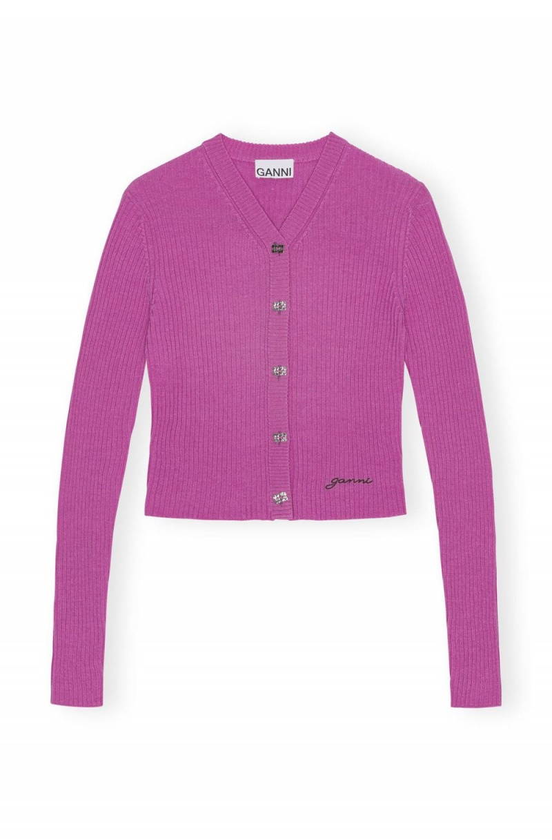 Pink Women's Ganni Mini Ribbed Merino Cardigan | 05ZUMXJWI