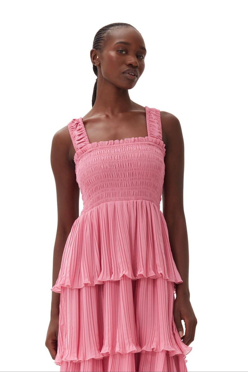 Pink Women's Ganni Pleated Georgette Flounce Smock Midi Dress | 06OFJGTLQ