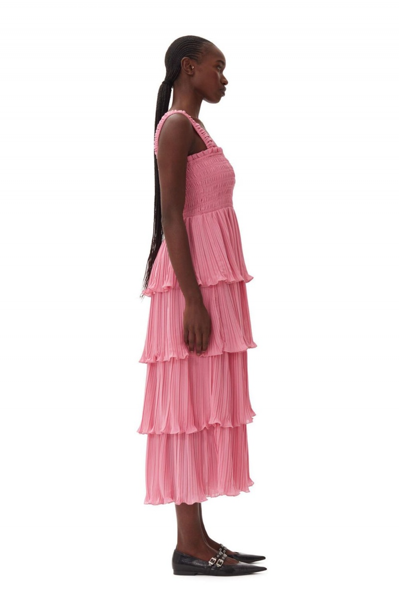 Pink Women's Ganni Pleated Georgette Flounce Smock Midi Dress | 06OFJGTLQ