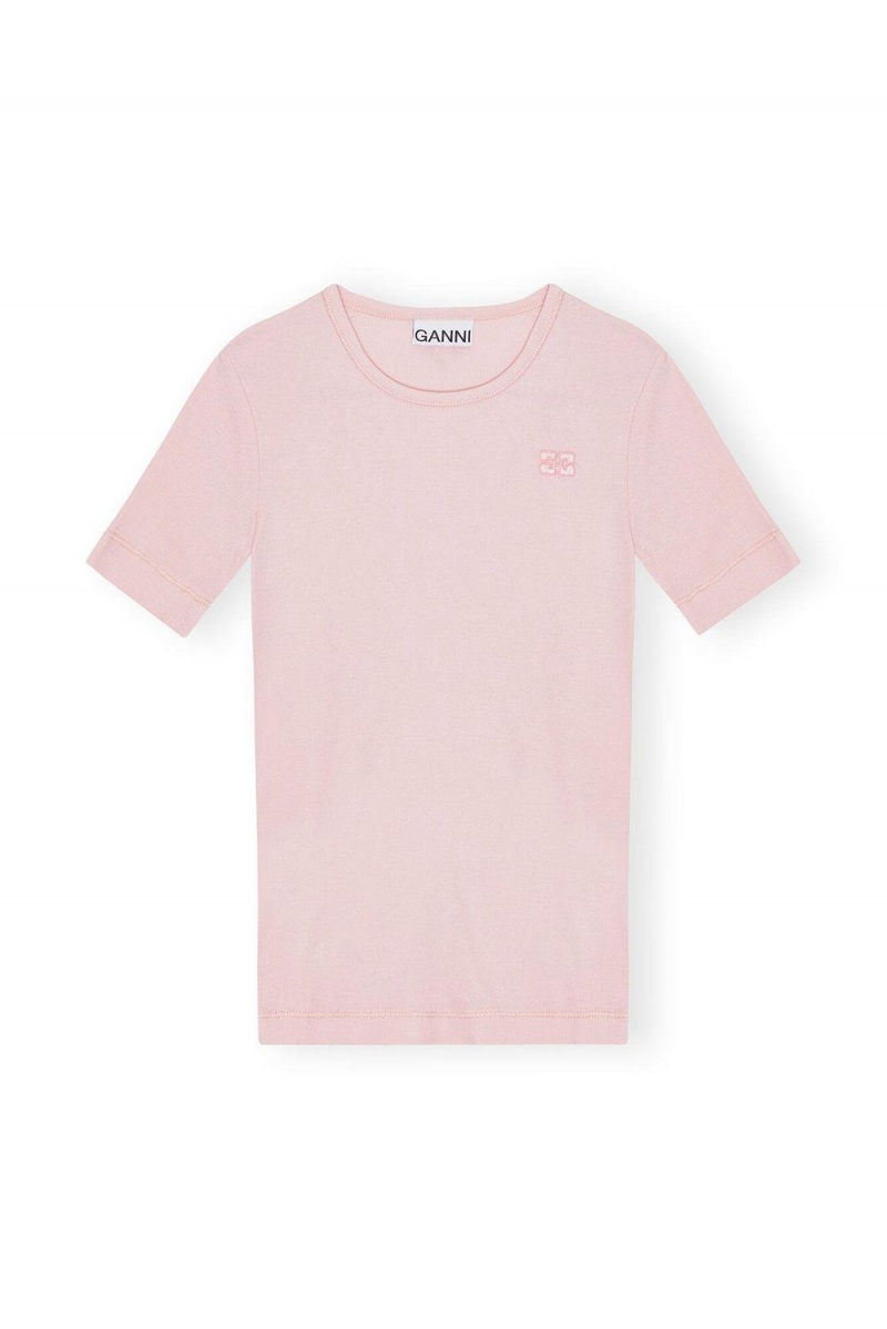 Pink Women's Ganni Soft Cotton Rib Short Sleeve T-Shirt | 25TSZPVDW