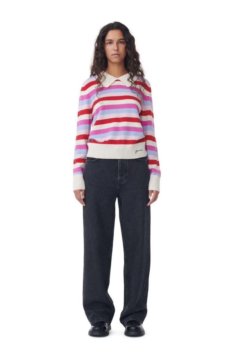 Pink Women's Ganni Striped Collar Cardigan | 49MJOHDXR