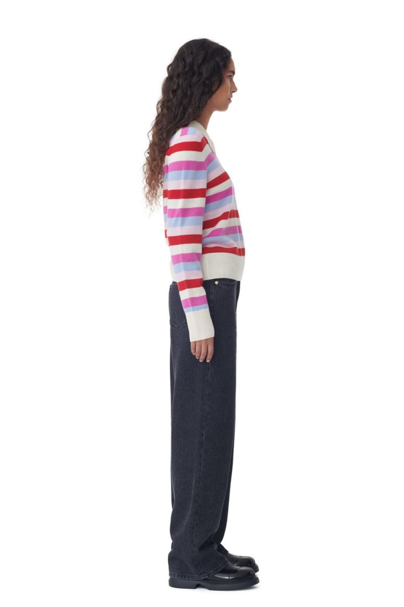 Pink Women's Ganni Striped Collar Cardigan | 49MJOHDXR