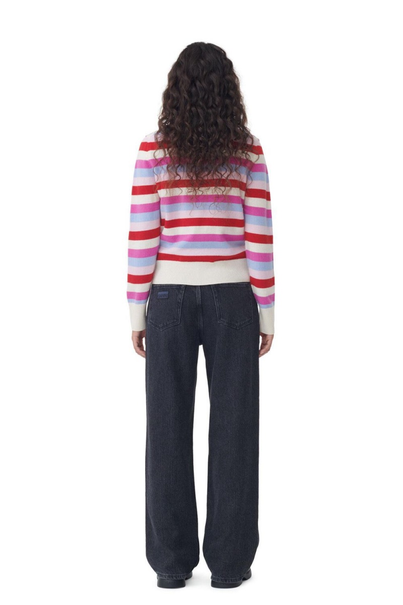 Pink Women's Ganni Striped Collar Cardigan | 49MJOHDXR