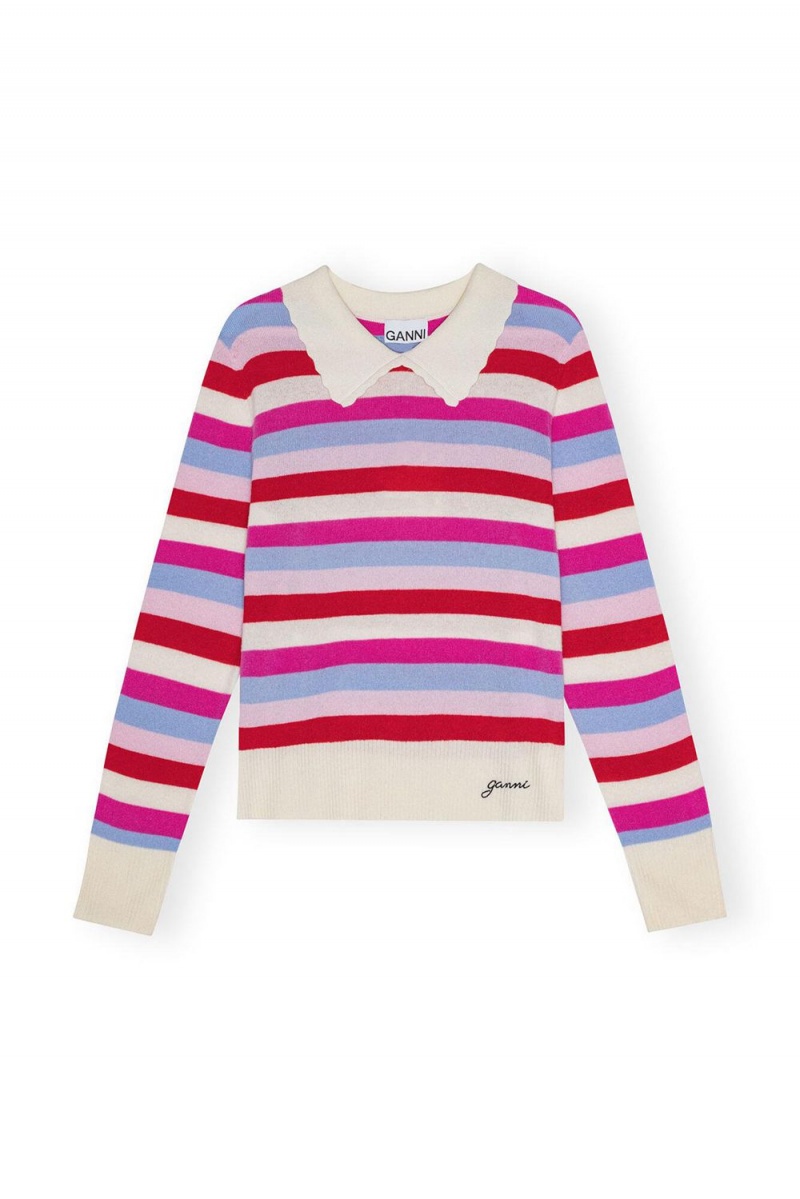 Pink Women's Ganni Striped Collar Cardigan | 49MJOHDXR