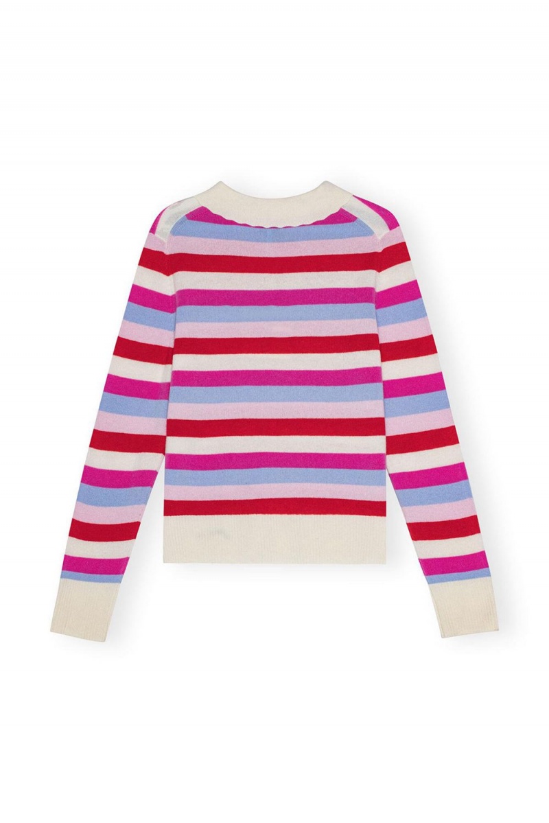 Pink Women's Ganni Striped Collar Cardigan | 49MJOHDXR