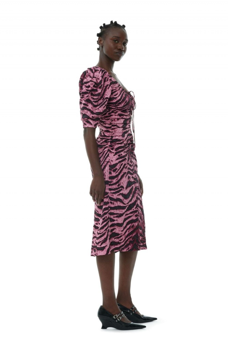 Purple Women's Ganni Animal Printed Crinkled Satin U-neck Midi Dress | 67UZOVEYW