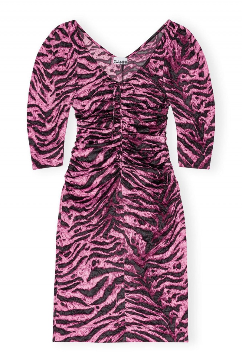 Purple Women's Ganni Animal Printed Crinkled Satin U-neck Midi Dress | 67UZOVEYW