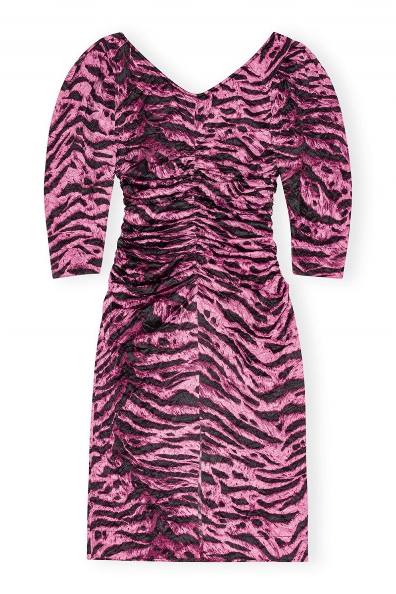 Purple Women's Ganni Animal Printed Crinkled Satin U-neck Midi Dress | 67UZOVEYW