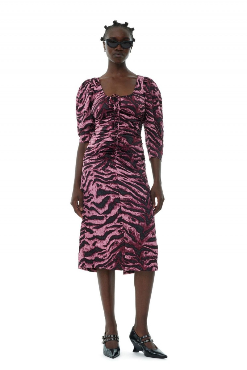 Purple Women\'s Ganni Animal Printed Crinkled Satin U-neck Midi Dress | 67UZOVEYW