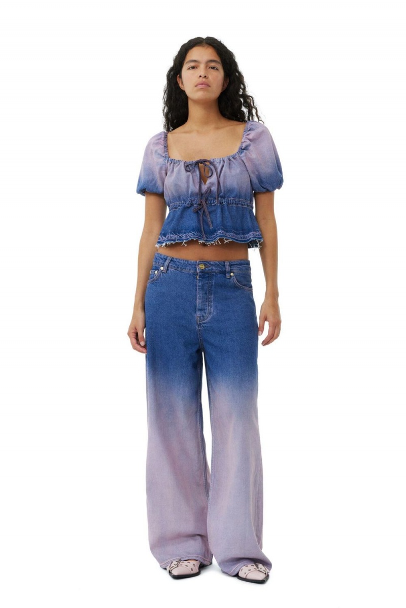 Purple Women's Ganni Bleach Future Denim Puff Sleeve Top | 97USFGBAJ