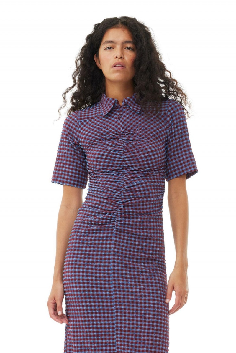 Purple Women's Ganni Checkered Stretch Seersucker Fitted Dress | 09XFPMUNY