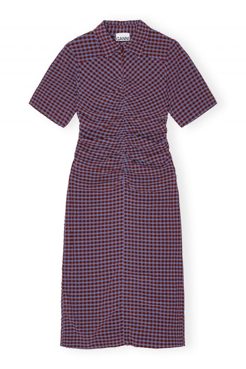 Purple Women's Ganni Checkered Stretch Seersucker Fitted Dress | 09XFPMUNY