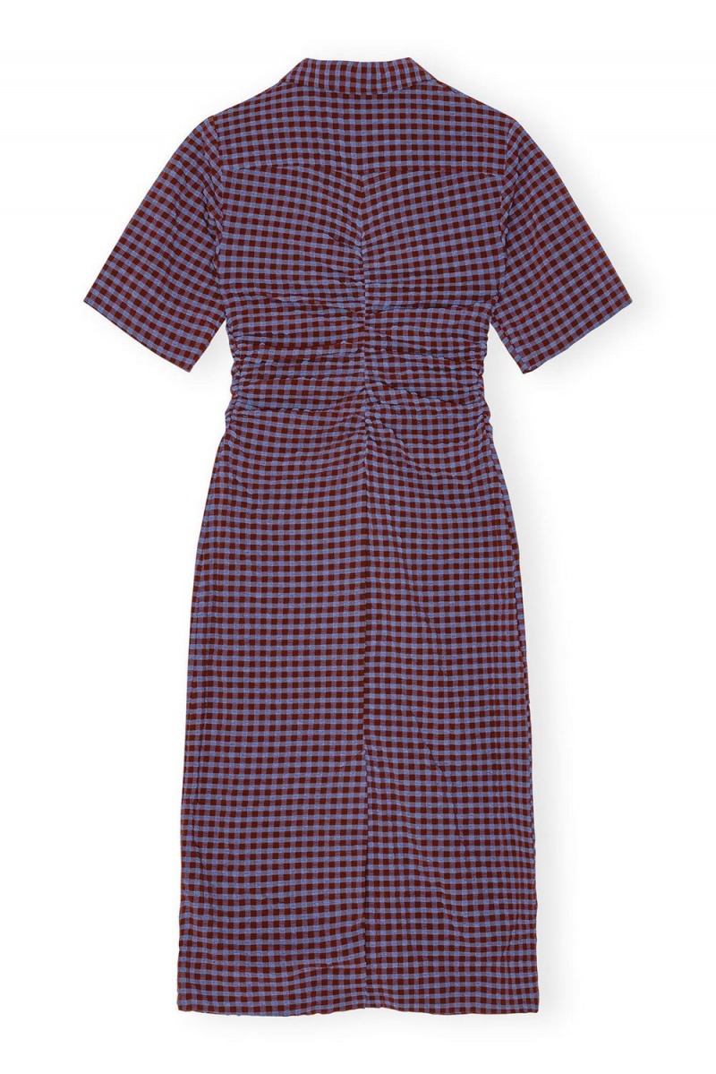 Purple Women's Ganni Checkered Stretch Seersucker Fitted Dress | 09XFPMUNY