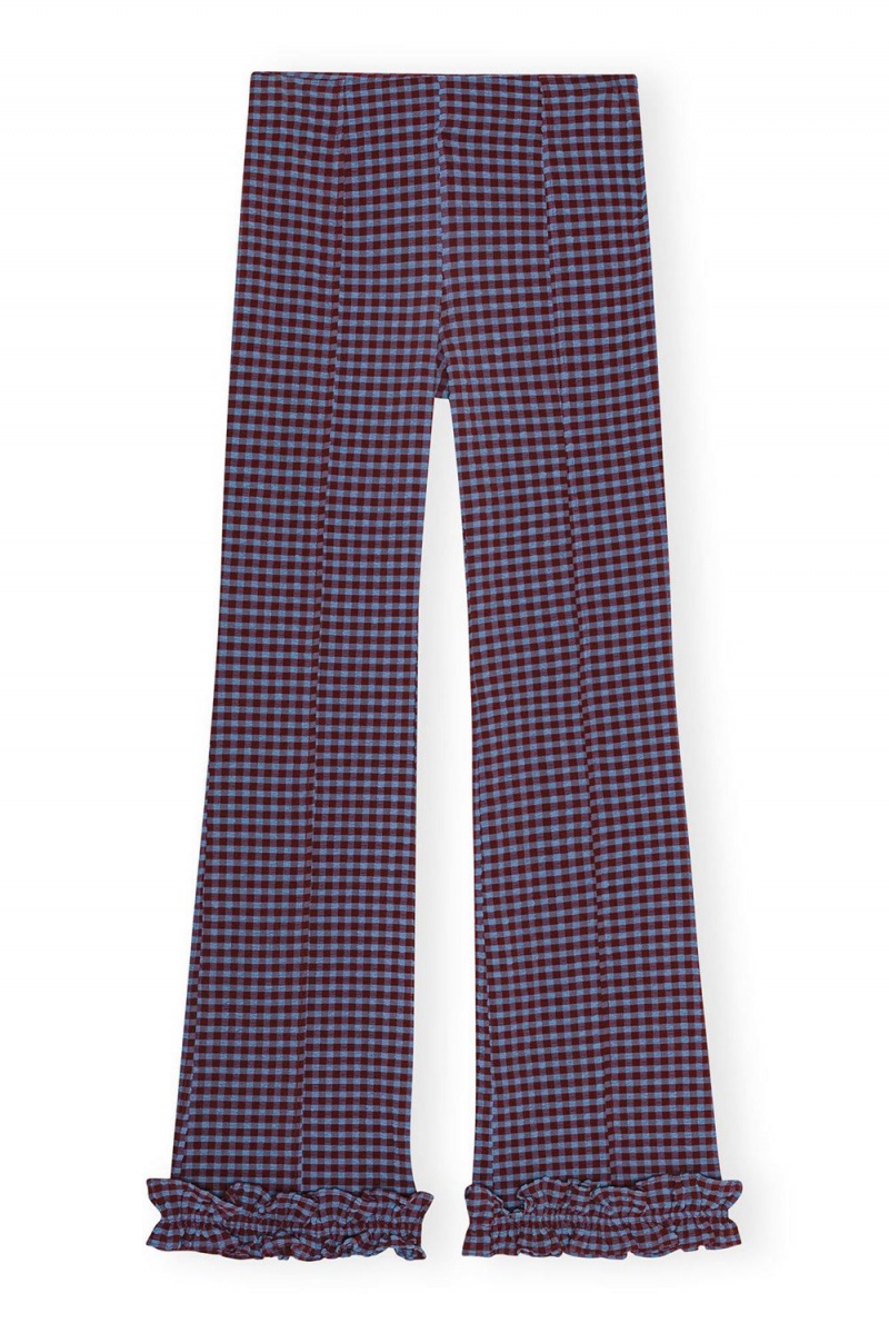 Purple Women's Ganni Checkered Stretch Seersucker Frill Pants | 41NXQHBGK