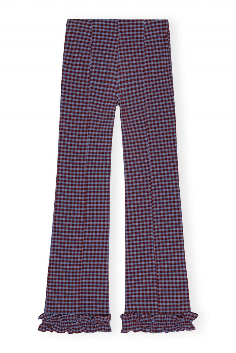 Purple Women's Ganni Checkered Stretch Seersucker Frill Pants | 41NXQHBGK