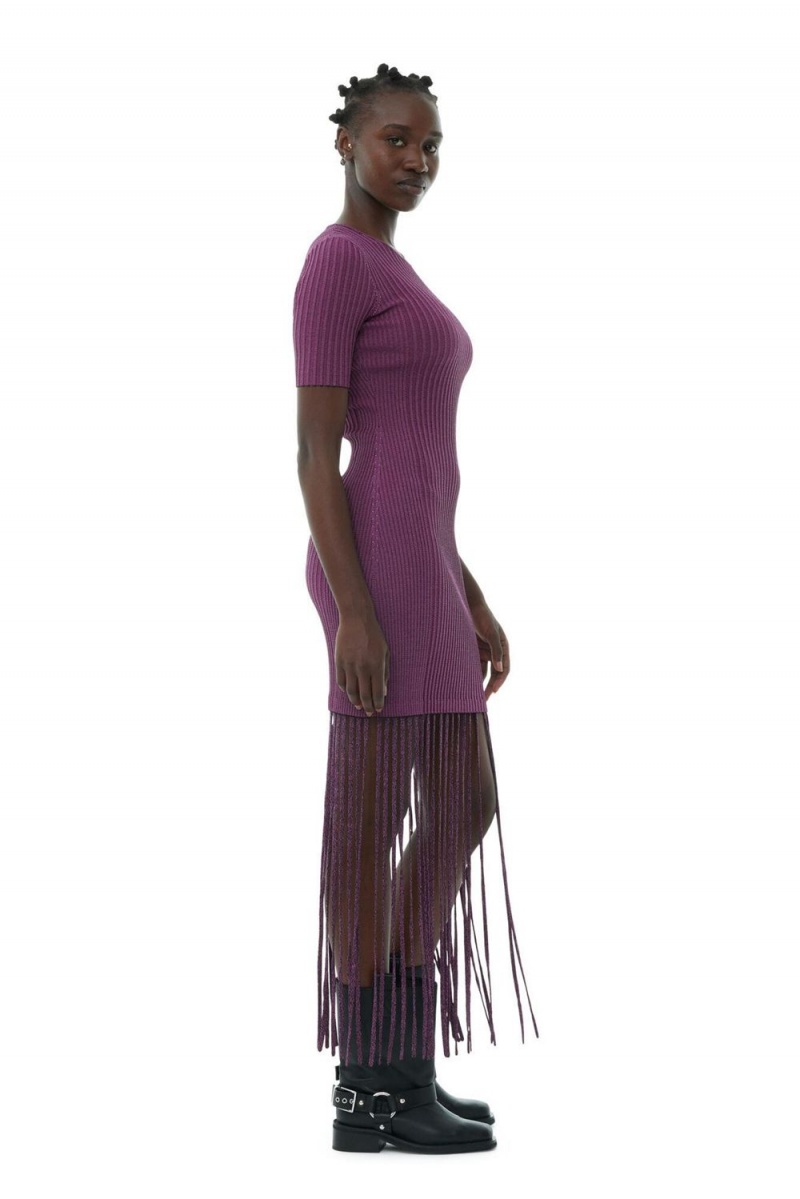 Purple Women's Ganni Melange Knit Fringe Short Sleeve Mini Dress | 32TBJFIKG