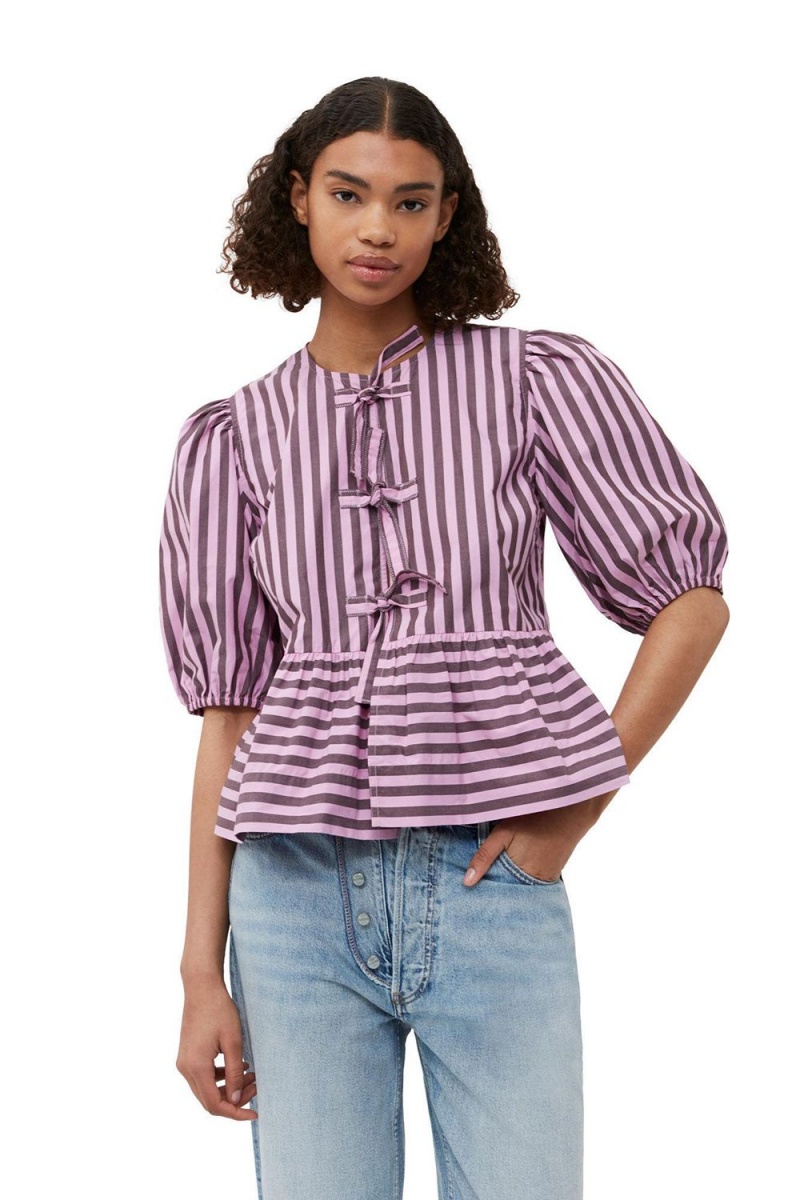 Purple Women's Ganni Striped Cotton Poplin Peplum Tie Blouse | 54NPDMRKC